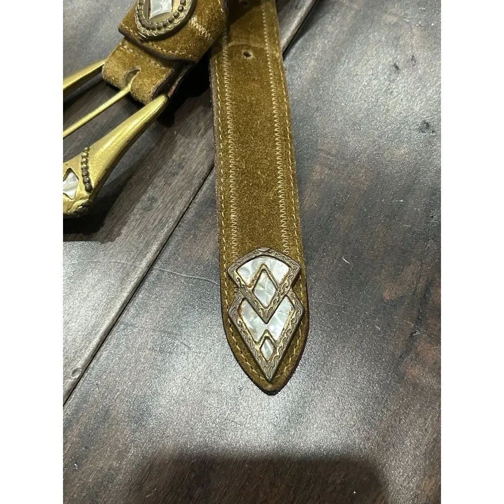 Linea Pelle Genuine Leather Brass Buckle  Mother of Pearl Details Size S Elegant - Picture 3 of 10